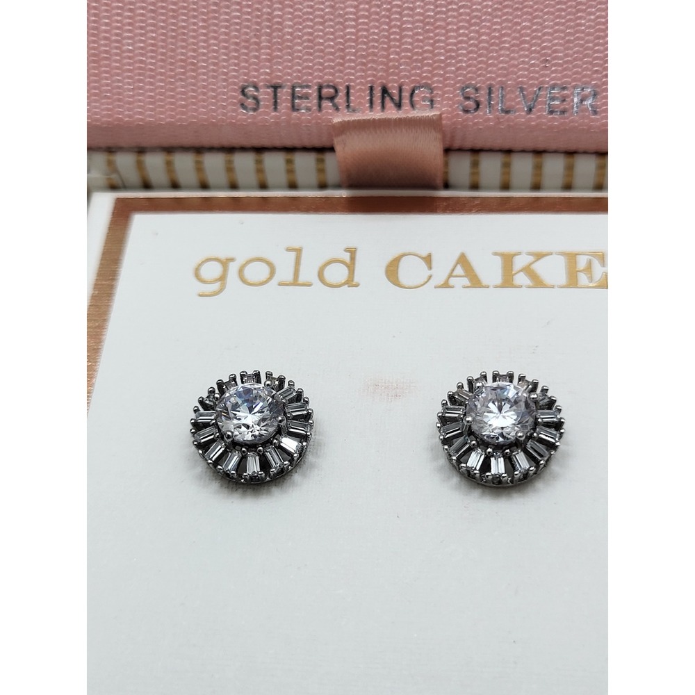 Gold CAKE Sterling Silver Sunburst Cubic Zirconia Stud Earrings CZ Halo Boxed